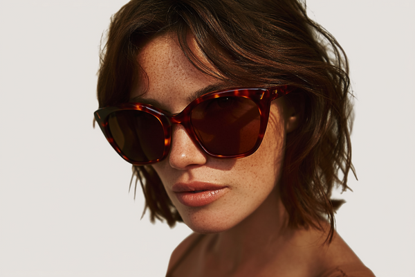 Person wearing tortoiseshell sunglasses with a neutral background